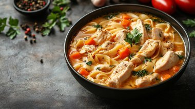 Tavuk, domates, havuç ve ıspanaklı ev yapımı makarna.