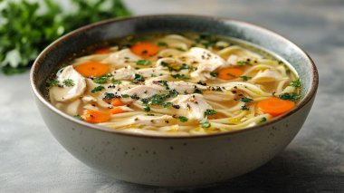 Tavuk göğsü, tavuk göğsü, havuç, soğan ve erişteli tavuk çorbası.