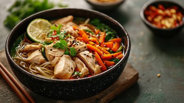 Sebzeli Asya tavuğu, tavuk, tavuk, erişte ve siyah kase..