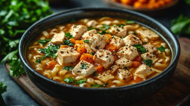 Ev yapımı tavuk ve sebze çorbası.