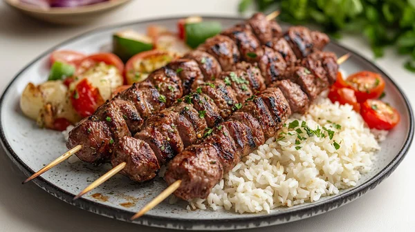 Kebap, kebap, ızgara et, sebze, şiş ve baharat.