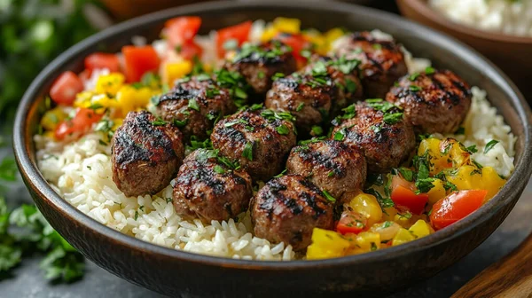 Pirinç ve sebzeli bir tabakta köfte.