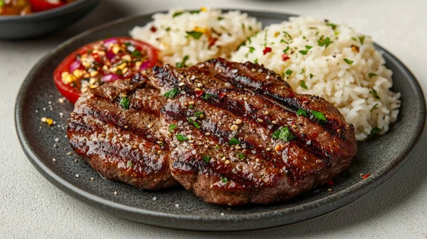 Pirinç ve domatesli ızgara biftek.