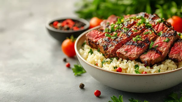 Pirinç ve domatesli ızgara biftek.