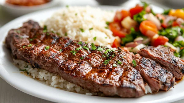 Pirinç ve sebzeli ızgara biftek.