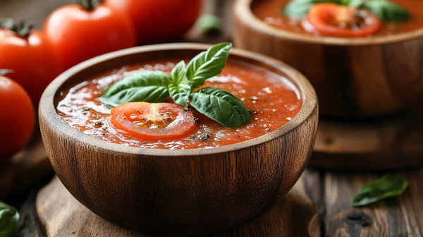 Domates ezmeli kase ve fesleğen ahşap masada, yakın plan.