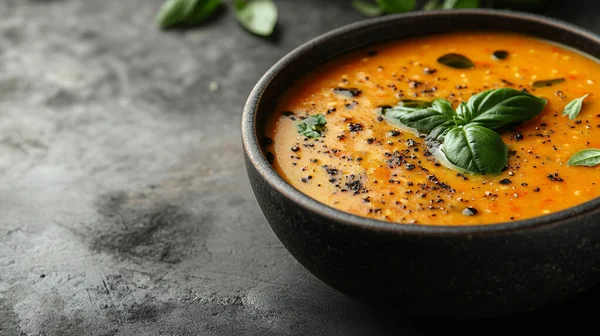 Siyah taş masada kabak çorbası. en üstteki görünüm