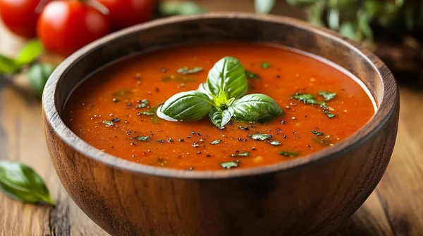 Tahta kasede fesleğen ve fesleğenli domates çorbası