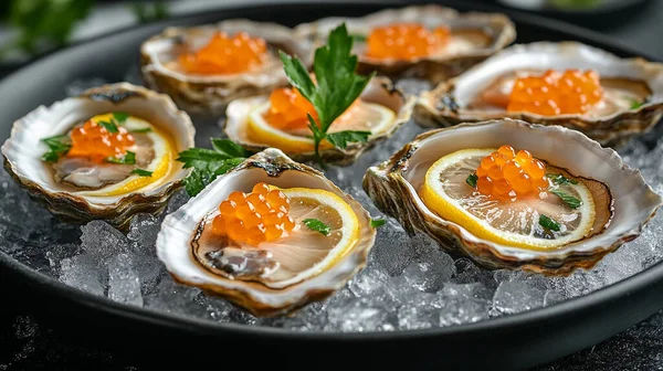 Limonlu, buzlu ve biberiyeli taze çiğ istiridye.