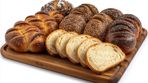 Beyaz arka planda tahtada taze ekmek