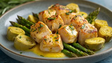 Kızarmış tavuklu kuşkonmaz.