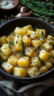 Baharatlı fırında patates ve ahşap masaya dökme demir tava, üst manzara.