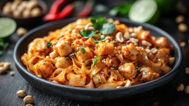 Ahşap masada baharatlı erişteli kızarmış tavuk eriştesi..