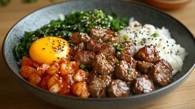 Kızarmış domuz, kimçi ve yumurtalı Kore yemeği.