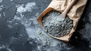 Siyah taş yüzeyindeki yazı için kopyalama alanı olan metal kepçeli siyah toz. Üst görünüm, düz uzanma