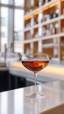 Bar tezgahında bir kadeh kırmızı şarap yakın..