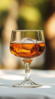 Eski moda bardağın arka planında brendi ve bulanık zemin buzlu.