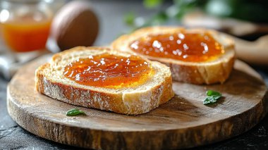 Tahta masada reçel, reçel, marmelat ve marmelat..