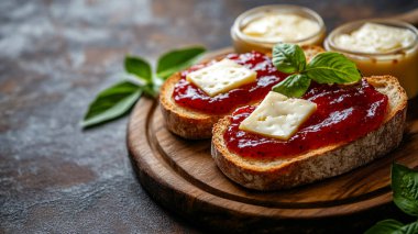 Ahşap masada reçelli tost.