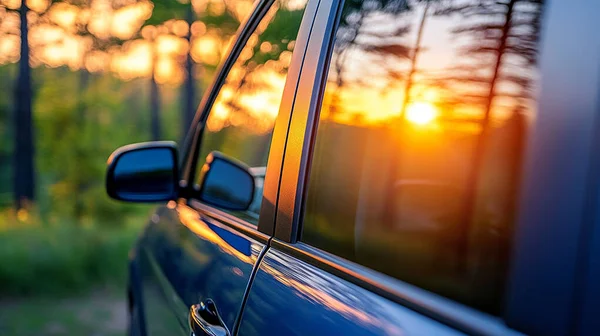 Güneş yoldaki arabanın aynasına yansıyor.