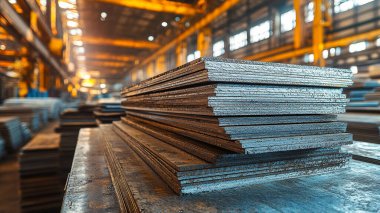 İnşaat fabrikasında çelik levha yığını. sanayi arkaplanı.