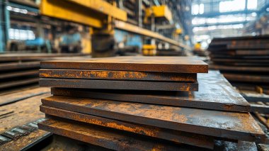 Depoda paslı parçaları olan metal profil, fabrika