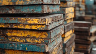 Metal ürünler deposundaki paketlerin metal profil görüntüsü, depo