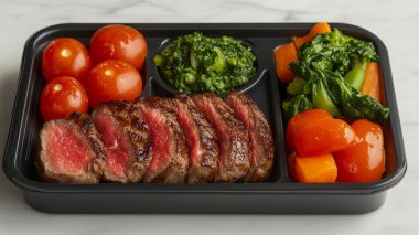 Lezzetli biftek ve sebzeli tepsi beyaz mermer masada, yakın plan.