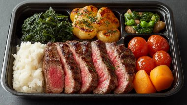 Tepside ızgara biftek ve sebze.