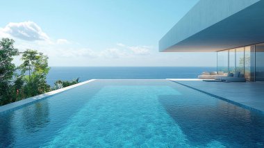 Üç boyutlu güzel, modern bir havuz ve yukarıdan güzel bir manzara.