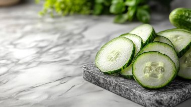 Salatalıklar mermer arka planda kasede dilimlenir. Metin için boşluk