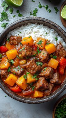 Pirinç, sebze ve baharatlı sığır güveci.