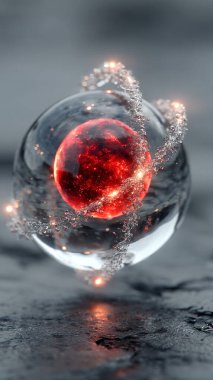 Koyu arkaplanda kırmızı sıvı bulunan güzel bir kürenin 3 boyutlu görüntülenmesi.