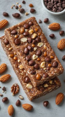 fındıklı ve tohumlu ev yapımı granola barlar, granola ve çikolata.