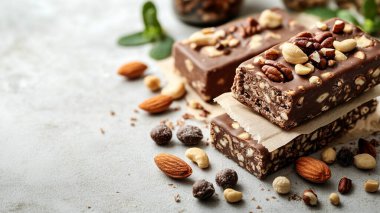 Tahtadaki çikolata parçaları fındıklı ve nane arkaplanlı. Çikolata.