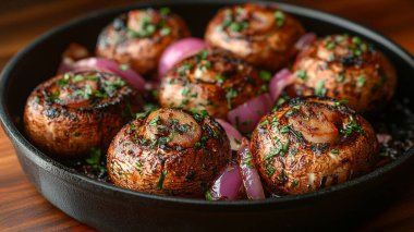 Kurutulmuş patates ve sarımsak, dökme demir tavada.