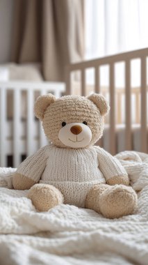 Bebek ayıcık yatak odasında beyaz bir battaniyenin üzerinde yatıyor.