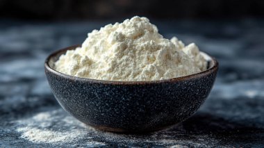 Koyu arkaplanda bir kase çiğ un. Yakın çekim