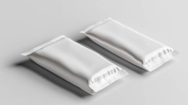 Beyaz arka planda yumuşak beyaz etiketli iki beyaz süt ya da çay poşeti boş 3D maketi ayarlayın. 3d oluşturma.