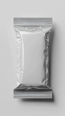 Gri arkaplanda yiyecek için boş folyo paketleme paketi.