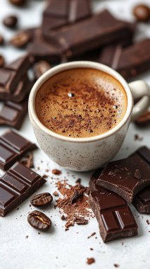 Bir fincan lezzetli kakao içeceği ve koyu arkaplanda fasulye.