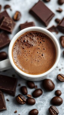 Bir fincan sıcak kahve ve kakao tozlu çikolata.