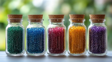 Tahtadaki cam şişelerde renkli cam boncuklar.