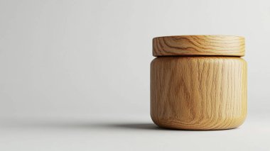 Gri arkaplanda boş ahşap kavanozun 3 boyutlu görüntülenmesi