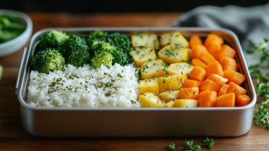 Bir kasede taze brokoli ve pilav.