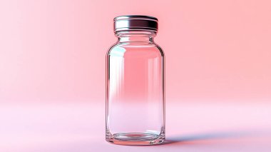 Pastel arka planda pembe etiketli cam şişe. Mesajın için yer var. minimalizm.