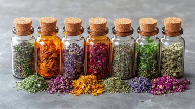 Renkli aromatik bitkisel ilaç şişeleri.