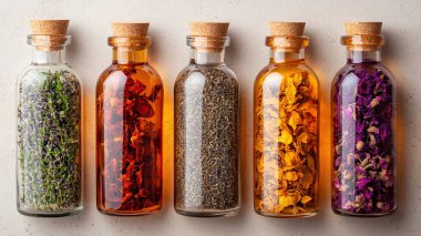 Beyaz arka planda kavanozlarda farklı çay çeşitleri, üst görünüm