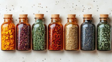 Farklı renklerdeki baharatlar kaselerde.