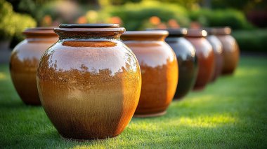 Bahçedeki çimlerin üzerinde seramik vazo.